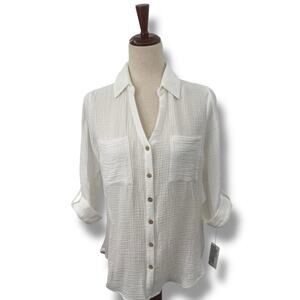 NEW BCX White Top Size Small Cotton Button Front Collared Top NWT